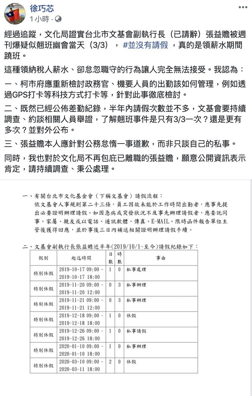 國民黨台北市議員徐巧芯表示，文化局證實已請辭的文基會副執行長張益贍被週刊拍攝當天，未事先請假，領薪水期間蹺班。 圖：翻攝徐巧芯臉書