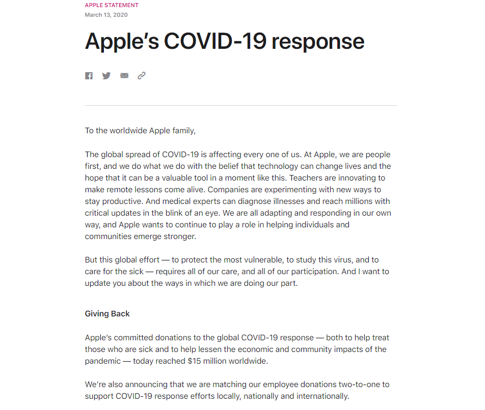 蘋果（Apple）於當地時間13日發表聲明，說明因應武漢肺炎疫情所做的營運調整。 圖：翻攝自蘋果官網