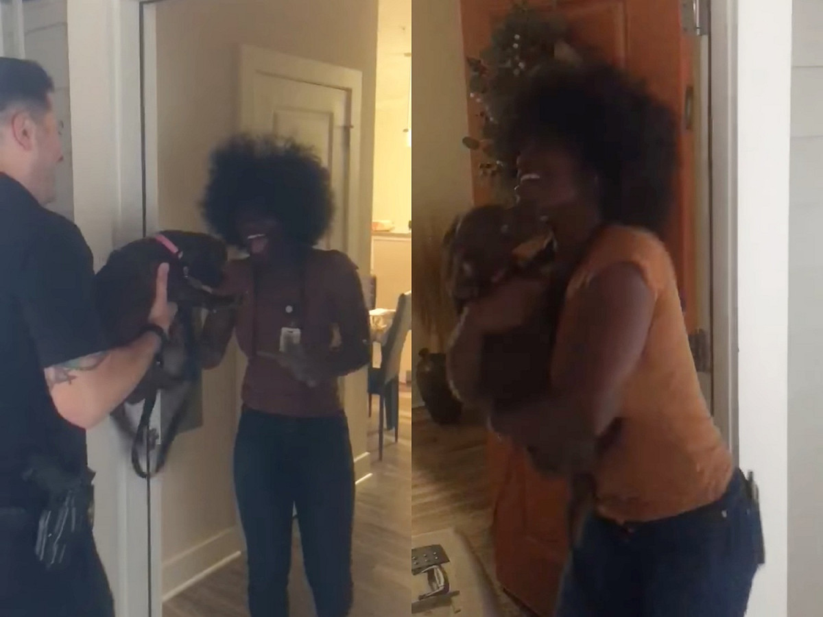 安潔看到愛犬一開始不敢置信不停尖叫。 圖／Facebook@Charlotte-Mecklenburg Police Department
