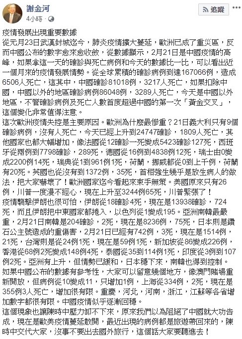 針對武漢肺炎蔓延至歐美各國，謝金河呼籲外界，「陳時中交代大家，沒事不要去國外旅行，要聽進去」！ 圖：翻攝自謝金河臉書