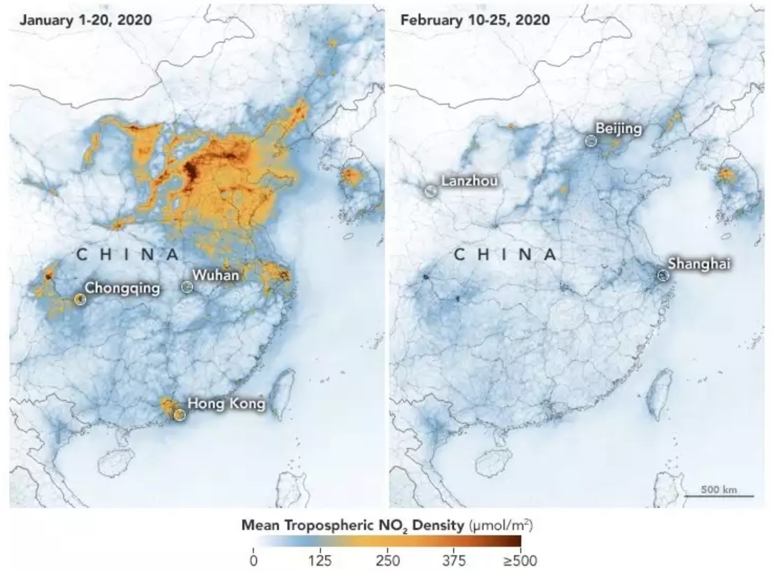近期從衛星影像觀察到中國因工、商業行為產生的汙染物大幅減少。 圖：翻攝自NASA官網