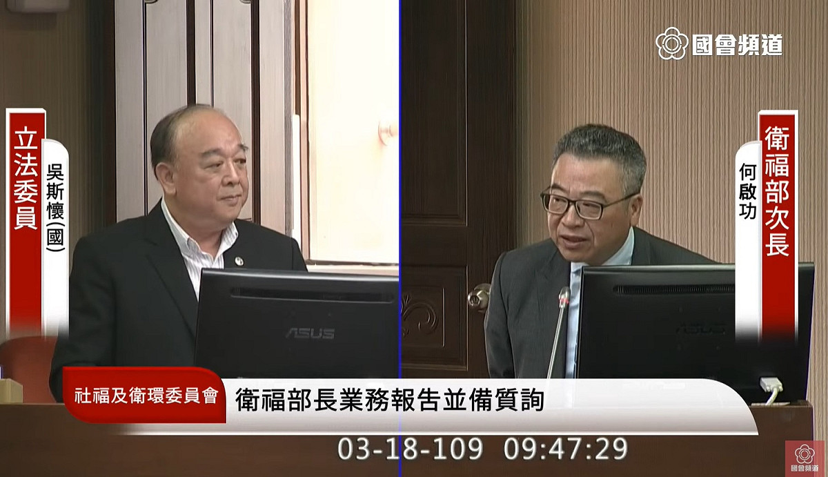 國民黨立委吳斯懷質詢衛福部次長何啟功。 圖：擷取自國會頻道