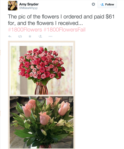 網路上只要搜尋關鍵字「#1800FlowersFail、#1800FlowersDisaster、#FTDFails」就能找到許多崩潰的消費者在社群網路上抱怨鮮花配送的荒謬事蹟。 圖片來源：Cosmopolitan