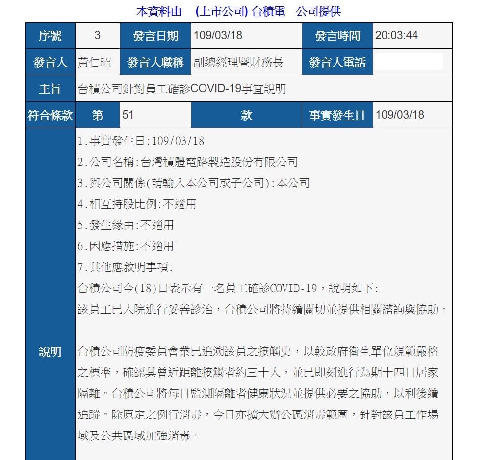 台積電發出公告，證實一員工確診。 圖：截取自公開資訊觀測站