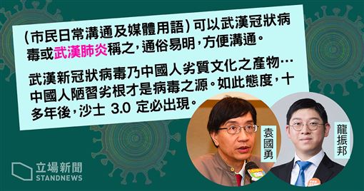 香港大學微生物學系名譽助理教授龍振邦與傳染病學教授袁國勇昨(18日)發表文章指出，武漢冠狀病毒是中國人「劣質文化之產物」 圖：翻攝立場新聞