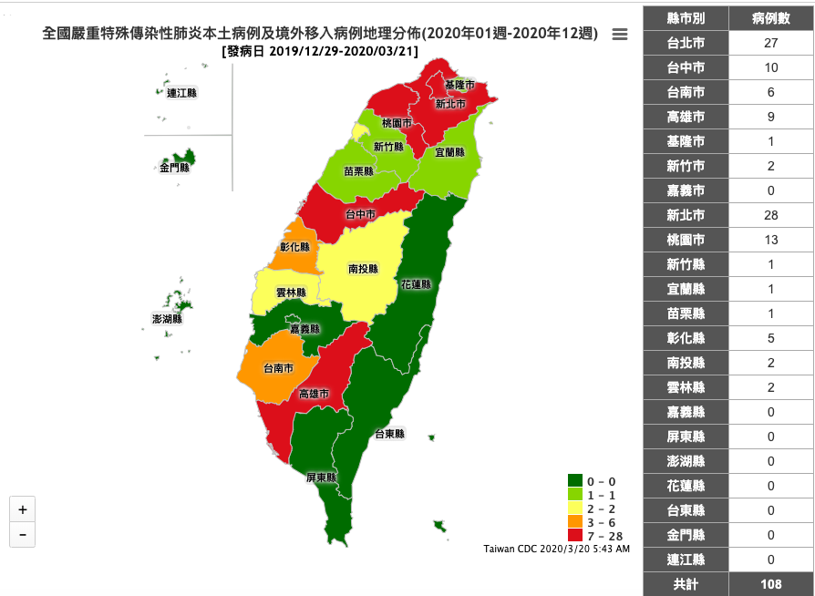 武漢肺炎本土個案、境外移入分佈圖  圖：擷取自疾管署傳染病統計資料查詢系統
