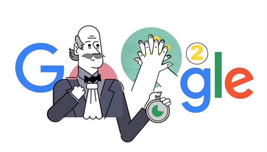 Google首頁以伊格納茲醫生示範正確洗手步驟的動畫向這位先知致敬，同時宣導正確洗手的重要性。 圖：取自Google首頁
