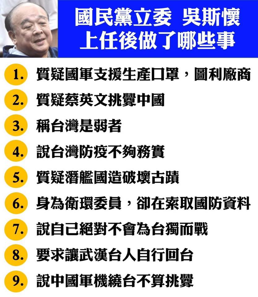 民進黨立委王定宇列表說明9項「吳斯懷上任後做了哪些事」，並指出吳斯懷完全站在中共的角度，一絲一毫考慮台灣都沒有！ 圖：翻攝自王定宇臉書