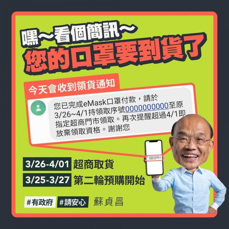 「口罩實名制2.0」首波網購將於3月26日下週四取貨，行政院長蘇貞昌今日在臉書發文預告，第二輪預購也即將開始，民眾可於3月25日至27日三天，上網登記預購口罩。 圖：取自蘇貞昌臉書
