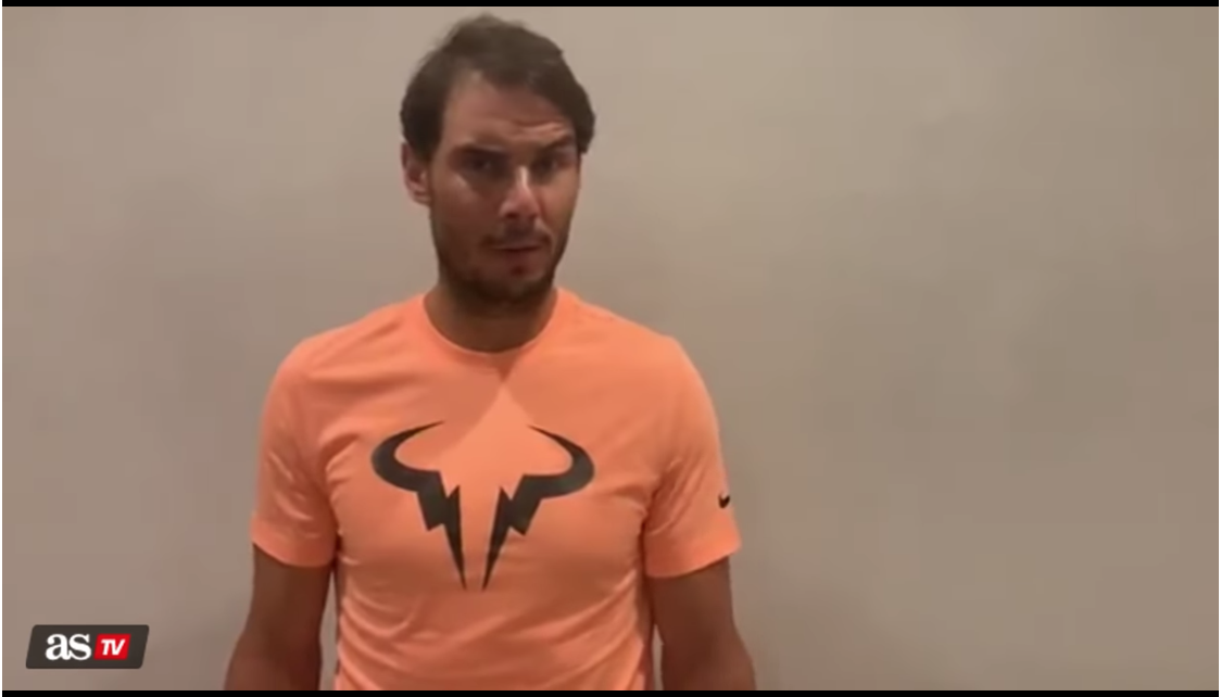 西國網球名將「蠻牛」Rafael Nadal，昨天夜裡在社群網站上錄了一段影片，為祖國的人民加油打氣。 圖／翻攝自YOUTUBE