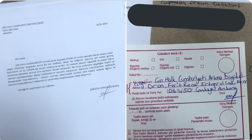 土耳其學生Cagatay Orkun Celikbas寫給中國大使館的索賠信。 圖 : 翻攝自Cagatay Orkun Celikbas推特
