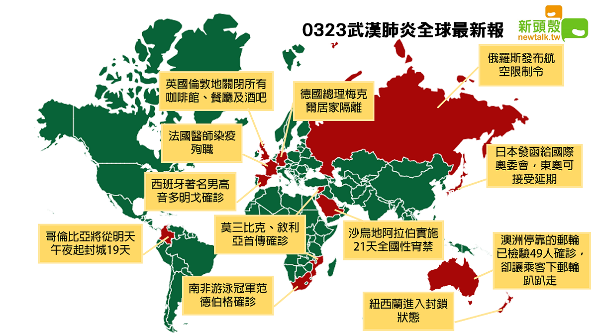 3月23日武漢肺炎全球疫情最新報。 圖：新頭殼製作。