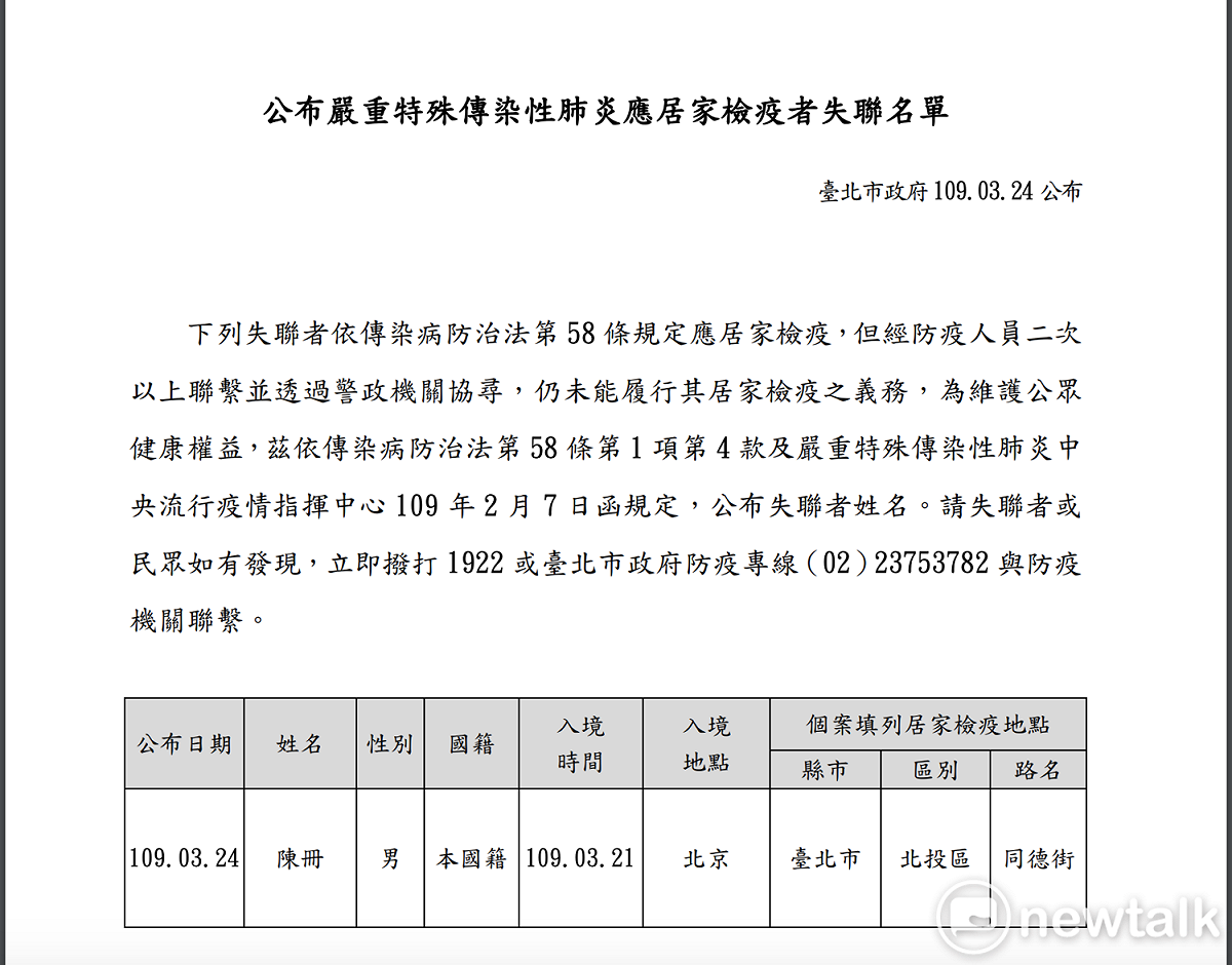 台北市政府公布居家檢疫者失聯名單。 圖：台北市民政局 / 提供