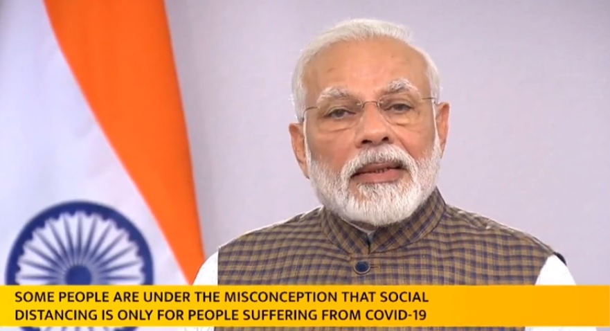 印度總理莫迪（Narendra Modi）24日宣布，25日零時起全國民眾禁足21天。 圖：翻攝莫迪臉書直播影片