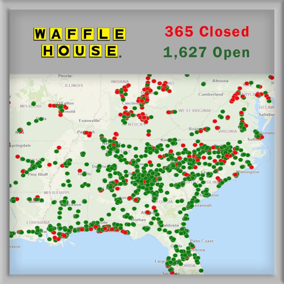 Waffle House今天在臉書宣布，目前已關閉全美365家分店。 圖：翻攝自Waffle House臉書