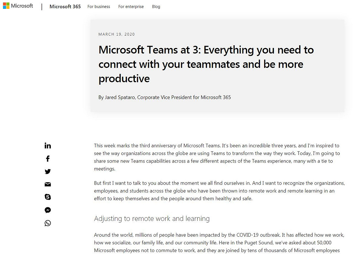 微軟宣布旗下辦公軟體Microsoft Teams的上線用戶量達到4400萬人。 圖：取自微軟官網