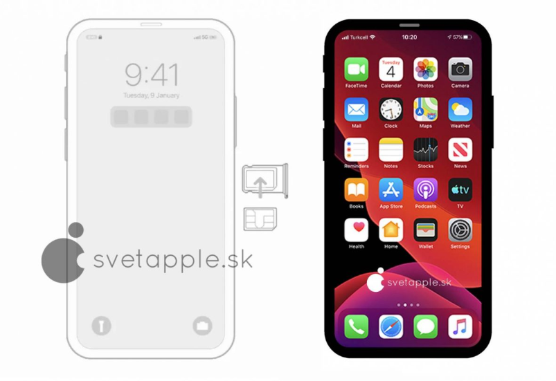 這張把SIM卡插入iPhone的示意圖，其iPhone沒有任何的「瀏海」，被猜測未來的iPhone 12可能會移除瀏海這個設計屏。 圖：擷取自《svetapple.sk》官網