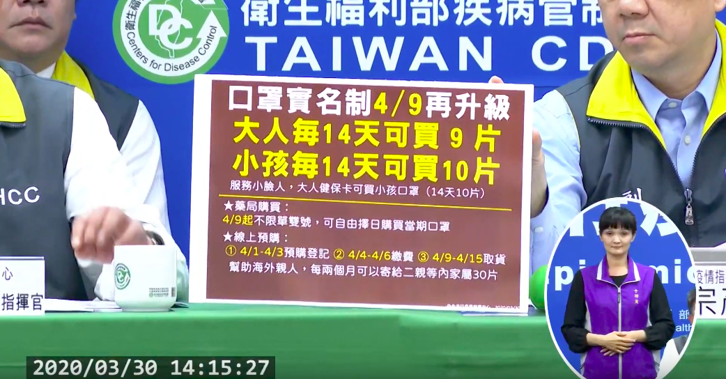 口罩實名制將於4月9日升級。 圖：取自中央流行疫情指揮中心直播影片