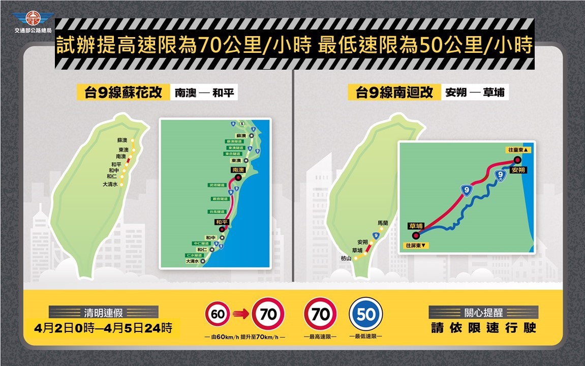 清明連續假期試辦提高速限範圍。 圖：公路總局／提供
