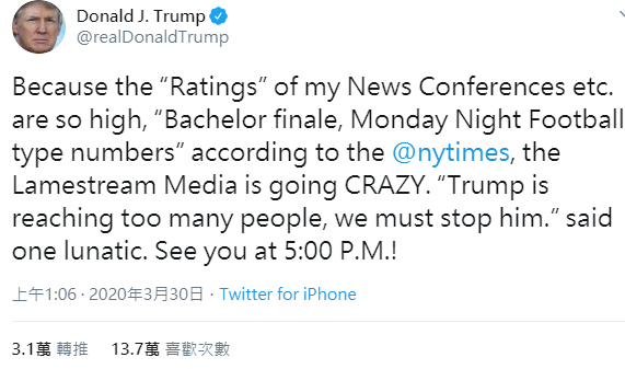 川普昨（30）天推文引用《紐約時報》報導吹捧「總統川普就是收視保證」。 圖：翻攝川普推特