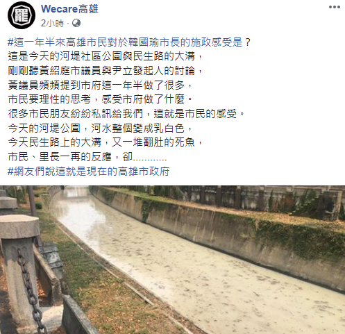 Wecare表示，高雄民生路的一處大溝漂浮大量死魚；另一處河堤公園，河水整個變成乳白色。 圖：翻攝Wecare臉書