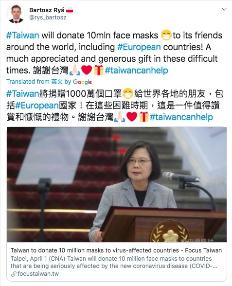 波蘭駐台代理代表李波（Bartosz Ryś）推文表示，感謝台灣在這艱困時期，給予如此大方的禮物。 圖：翻攝自Bartosz Ryś推特
