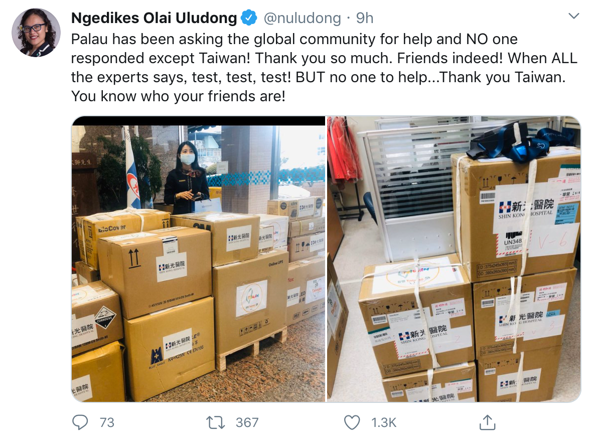 帛琉駐聯合國常任代表歐萊．鄔露彤（Ngedikes Olai Uludong）今（2）於推特指出，只有台灣願意援助。 圖：翻攝自「Ngedikes Olai Uludong」Twitter