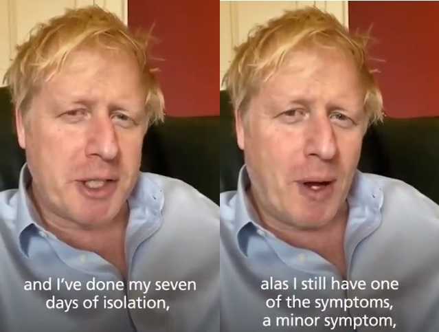英國首相強生（Boris Johnson）透露，自己仍有發燒症狀，會繼續自主隔離。 圖:翻攝自強生推特