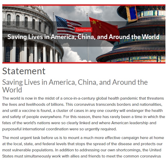 美國前國務卿歐布萊特與前國安顧問萊斯等90多位外交專家呼籲白宮先跟中國合作對抗疫變，以後再來算帳 圖：擷取自21ST CENTURY CHINA CENTER網站