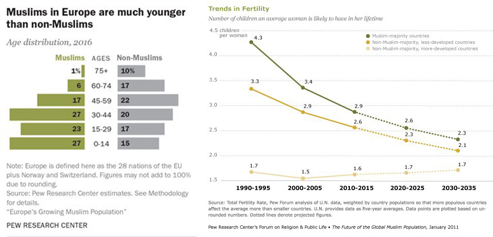 穆斯林的人口結構較為年輕，且生育率也遠高於其他族群。 圖片來源：Pew Research Center