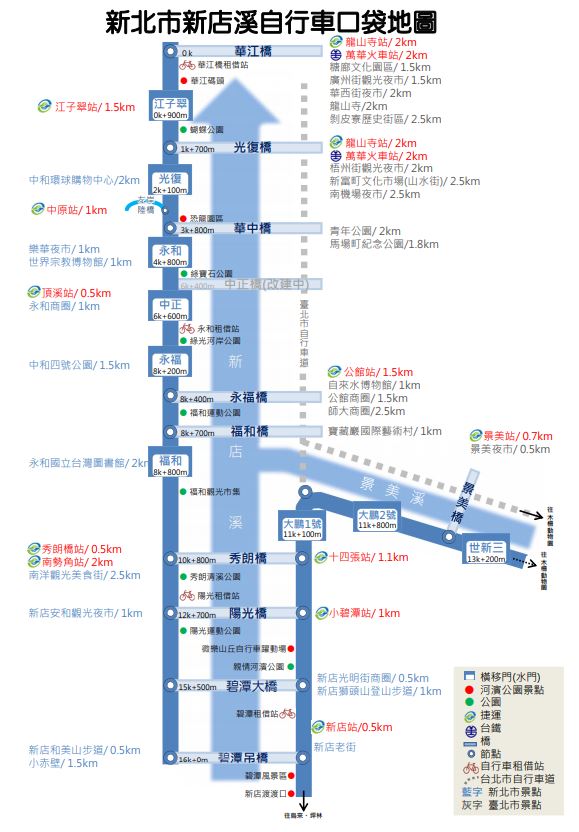 新店溪自行車口袋地圖將資訊濃縮，以類似捷運地圖的排版呈現。 圖：翻攝自新北市高灘地工程管理處網站