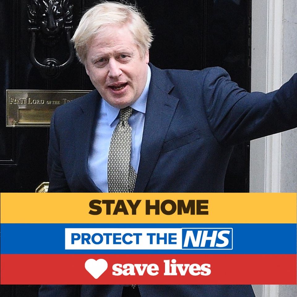 武漢肺炎肆虐，英國首相強生在3月下旬確診前夕，公開呼籲民眾待在家裡防疫。 圖：翻攝自強生臉書
