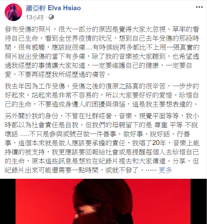 蕭亞軒今(7)日凌晨發文解釋為何貼出受傷照，呼籲大眾重視生命。 圖 : 翻攝自蕭亞軒臉書