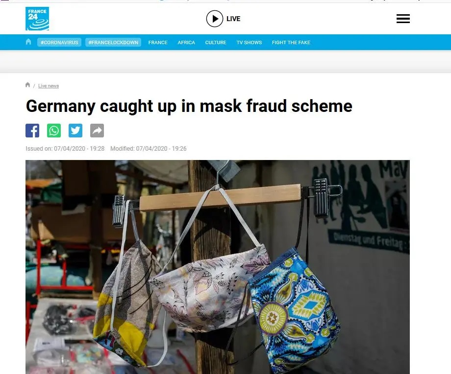 根據法國電台《FRANCE 24》7日報導，德國有關部門透漏，北萊茵-西發利亞州上月從一家德國經銷公司訂購了一批口罩，並支付了1470萬歐元(約5億新台幣)。但該公司近日稱，被自己被亞洲口罩供應商詐騙，首付款240萬歐元(約8000萬新台幣)都被捲款，訂單也直落空。 圖：翻攝自《FRANCE 24》官網