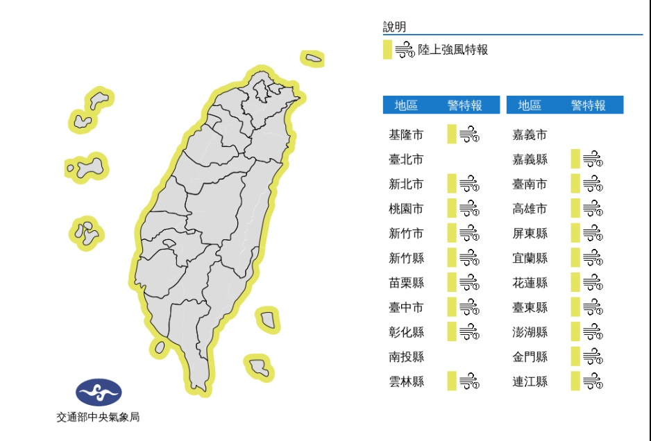 全台19縣市陸上強風特報。