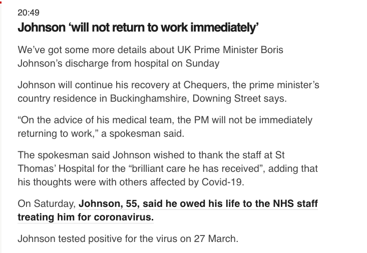 根據英國廣播公司（BBC）報導，英國首相強生今日出院。 圖：翻攝自BBC官網