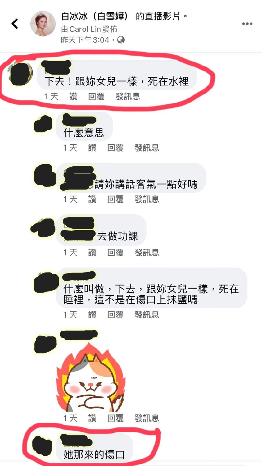 白冰冰被網友惡意威脅，「下去！跟你女兒一樣，死在水裡」。 圖：翻攝白冰冰粉專