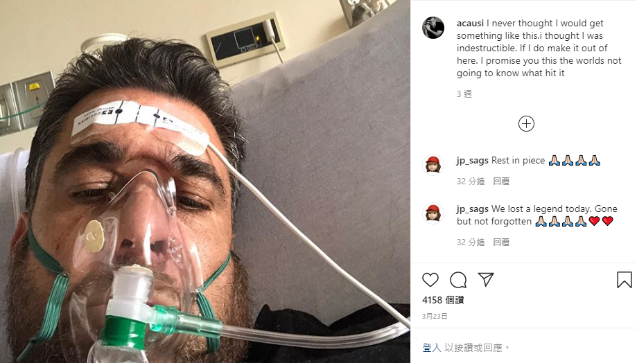 《紐約郵報》知名攝影記者考西染疫逝世，享年48歲。他三週前才於IG上PO出自己戴上呼吸器的照片。 圖：翻攝acausi IG