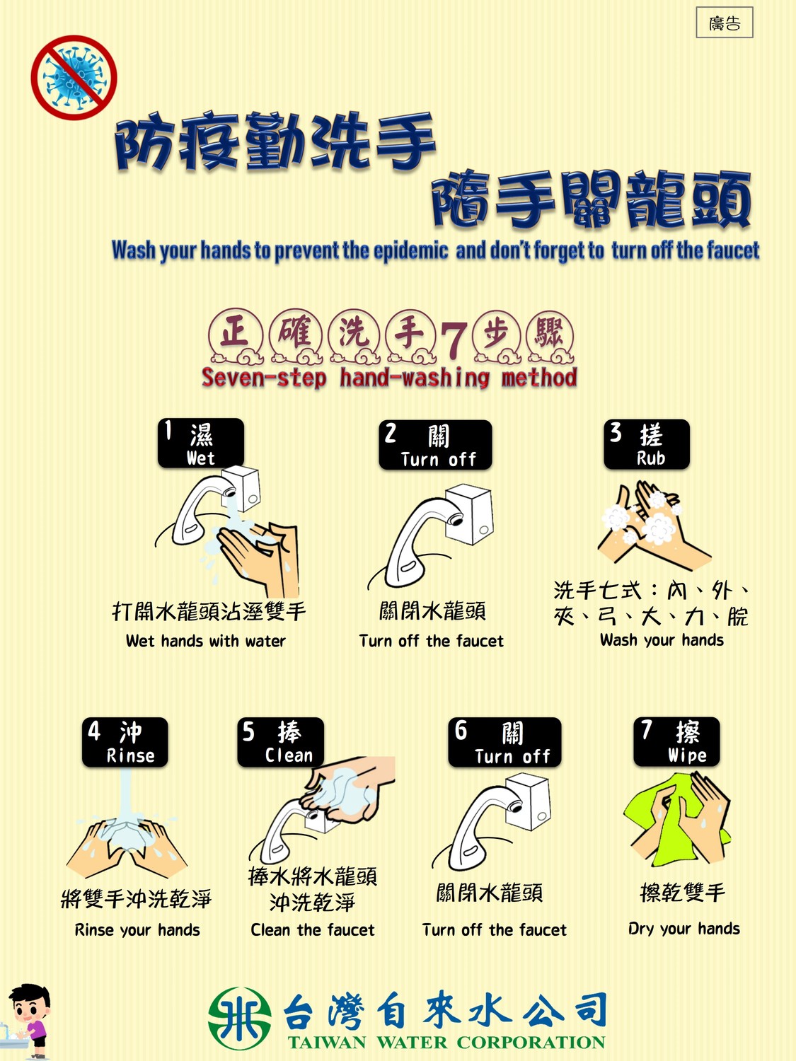 台水發布正確洗手步驟呼籲大家隨手關水龍頭。 圖：台水／提供