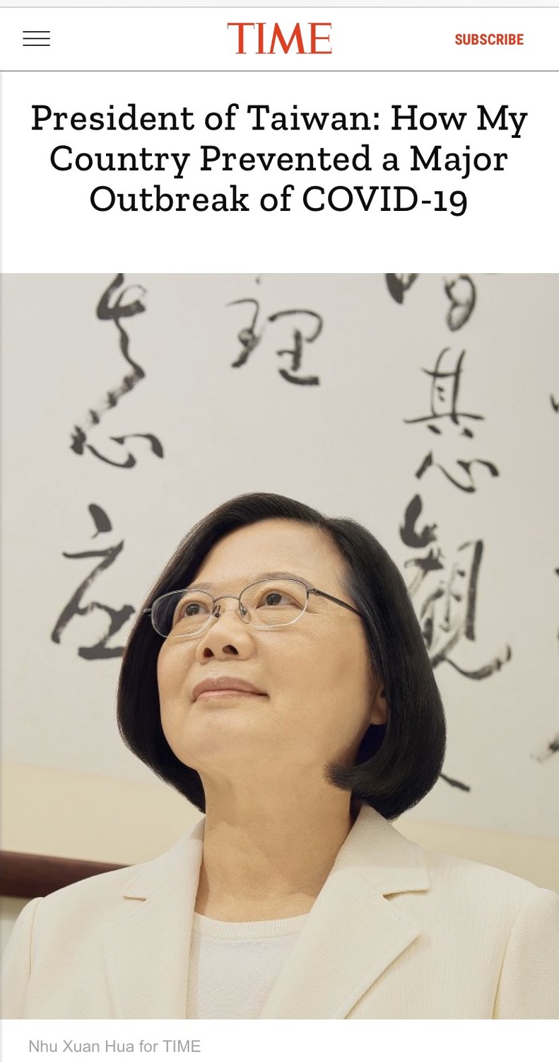 時代雜誌刊出蔡英文的文章，標題為「台灣總統：我國如何預防COVID-19的大爆發」。 圖：翻攝TIME網站