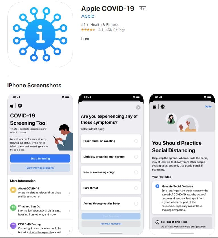 蘋果推出可快速檢測武漢肺炎症狀的iOS APP「Apple COVID-19」，讓民眾透過一系列問題確認自身健康。 圖：取自蘋果應用程式商店