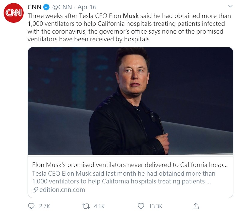 CNN報導，加州的醫院至今都未收到特斯拉或馬斯克捐贈的呼吸器。 圖：翻攝自twitter@CNN