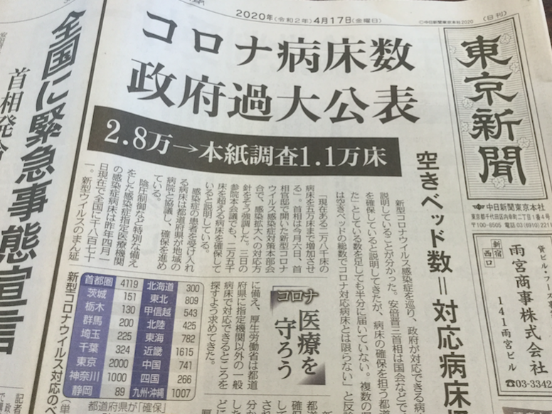 東京新聞頭版頭條踢爆安倍的病床數誇大不實，只有1.1萬床，卻說是2.8萬床（攝自東京新聞） 圖：劉黎兒攝