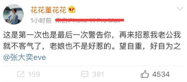 天貓總裁蔣凡的妻子，17日在微博發文痛批網紅張大奕「招惹自己老公」。 （翻攝自「花花董花花」微博）