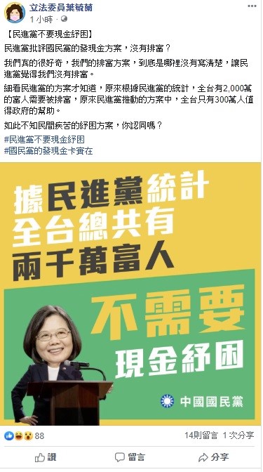 葉毓蘭稍早透過臉書表示，對於國民兩黨先前在國會上大吵紓困方案，葉毓蘭今天透過臉書指出，民進黨批評國民黨的發現金方案，沒有排富？「我們真的很好奇，我們的排富方案，到底是哪裡沒有寫清楚」？ 圖：翻攝自葉毓蘭臉書