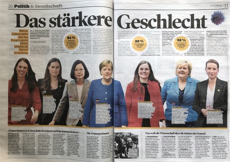 德國大報週日畫報（Bild am Sonntag）報導女性領導的國家防疫表現特別好，將蔡總統（左3）與德國總理梅克爾（中）等人並列。 圖:中央社提供