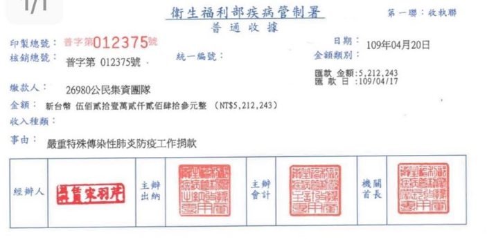發起團隊從餘款中捐出 521 萬予疾病管制署。 圖：翻攝自嘖嘖