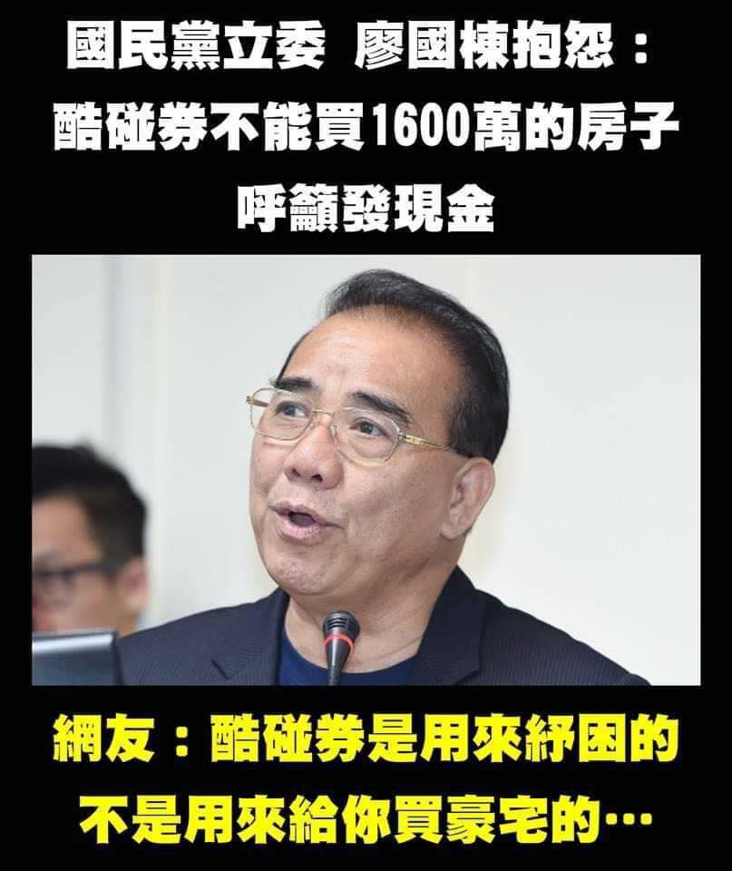 國民黨立委廖國棟在質詢時提問，酷碰券可不可以買房子？ 圖:擷取自臉書