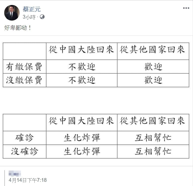 蔡正元臉書發文 圖:擷取自臉書