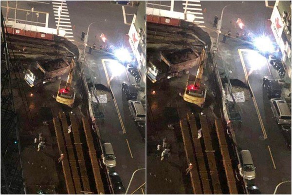 高雄前金區河東路、光復三街一處路面，21日深夜10時55分左右突然應聲塌陷。 圖：翻攝爆料公社